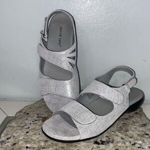 David Tate Metallic Silver Leather Velcro Wrap Sling Back Flat Sandal Women 7.5
